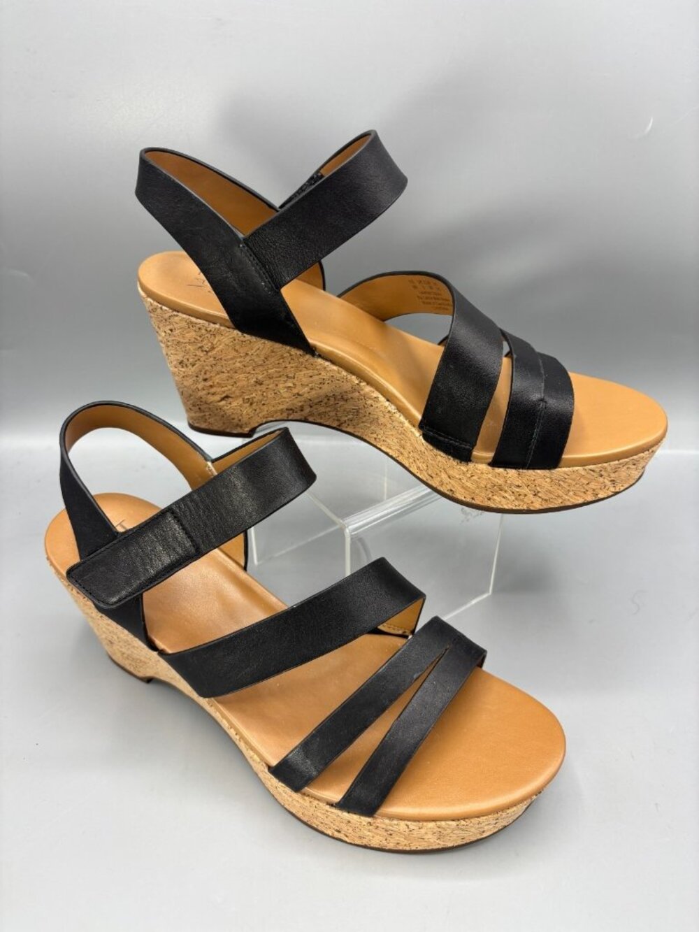 Naturalizer Cynthia Wedge Sandals Womens 9M Black Leather Cork Platform Straps